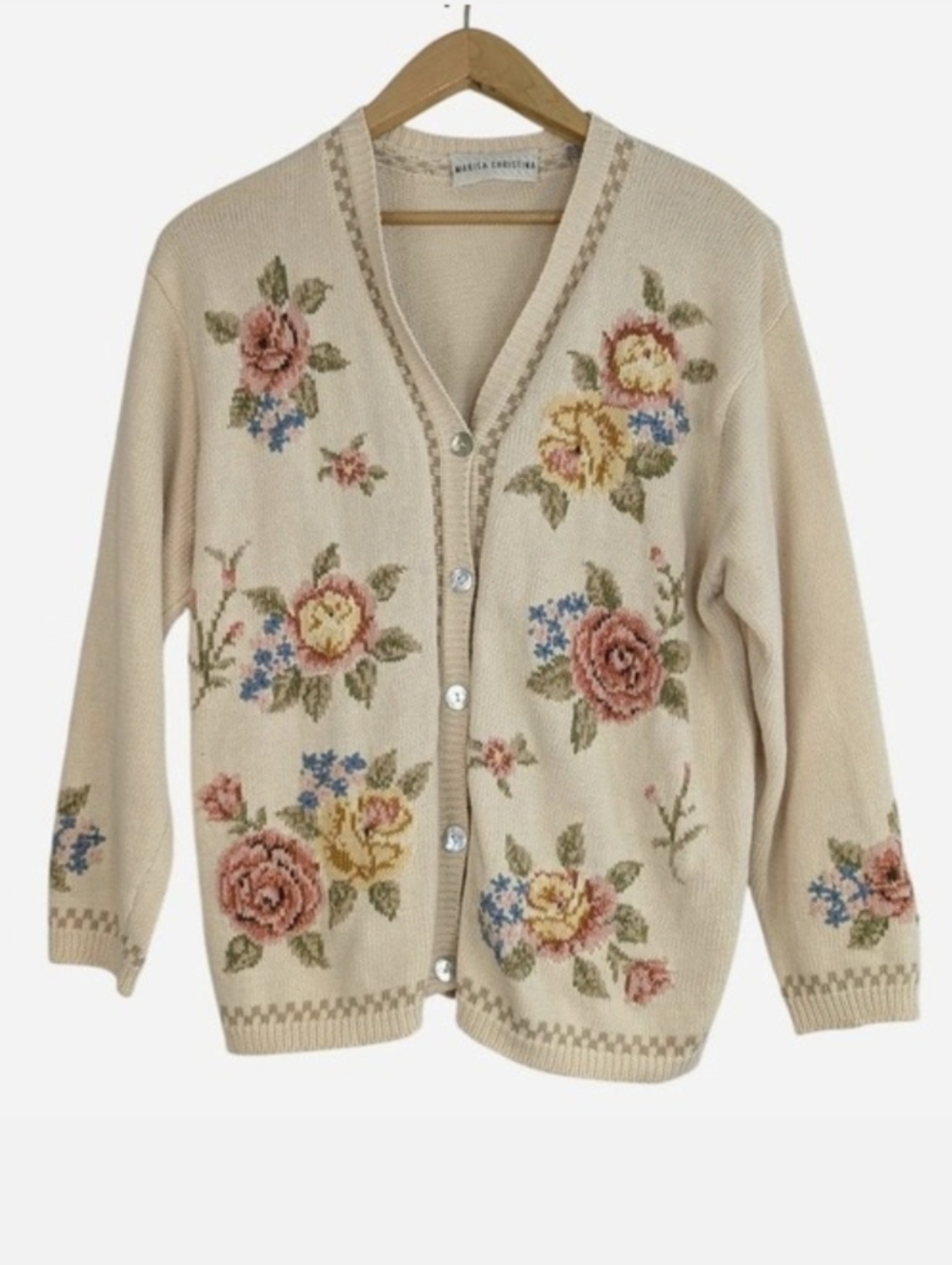 Vintage Marisa Christina Floral Intarsia Knit Button Cardigan Cream Large